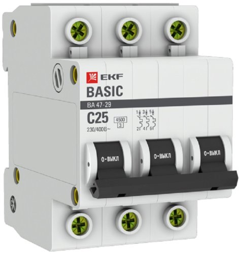 Выключатель автоматический EKF Basic ВА47-29 3п 25А C 4.5кА картинка